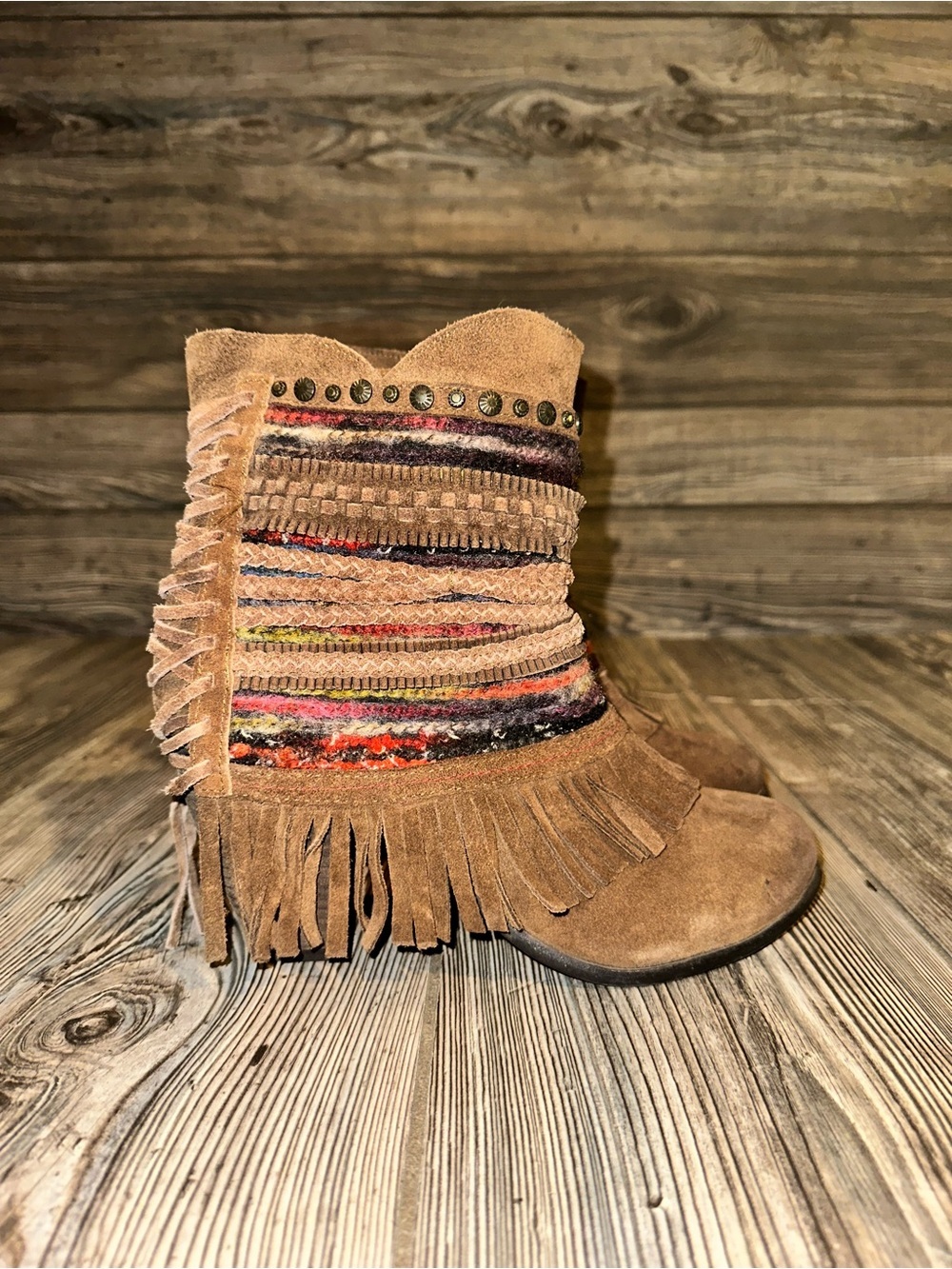 Naughty Monkey Fringed Suede Boots in Tan with Multicolor Accent Leather Block 8